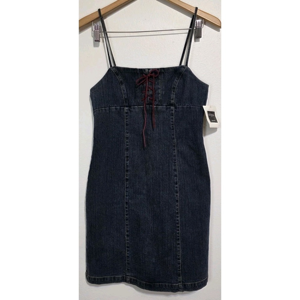 NWT Vintage Guess Denim Dress‎ 7 Lace Up Balcony Bodycon Y2k 90s Stretch Corset
